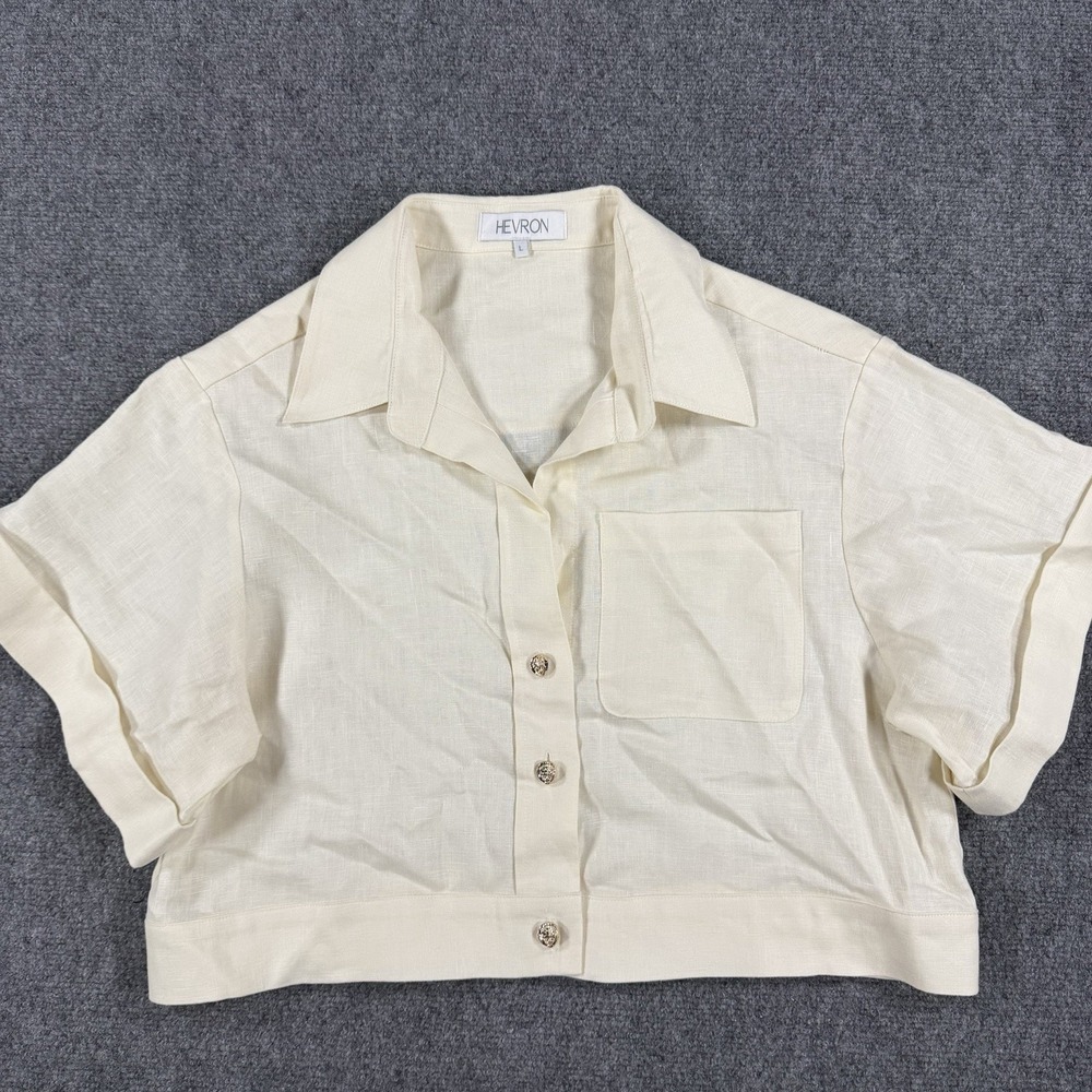 Hevron Ellison Top Womens L Ivory Linen Short Sleeve Gold Button Luxury Revolve